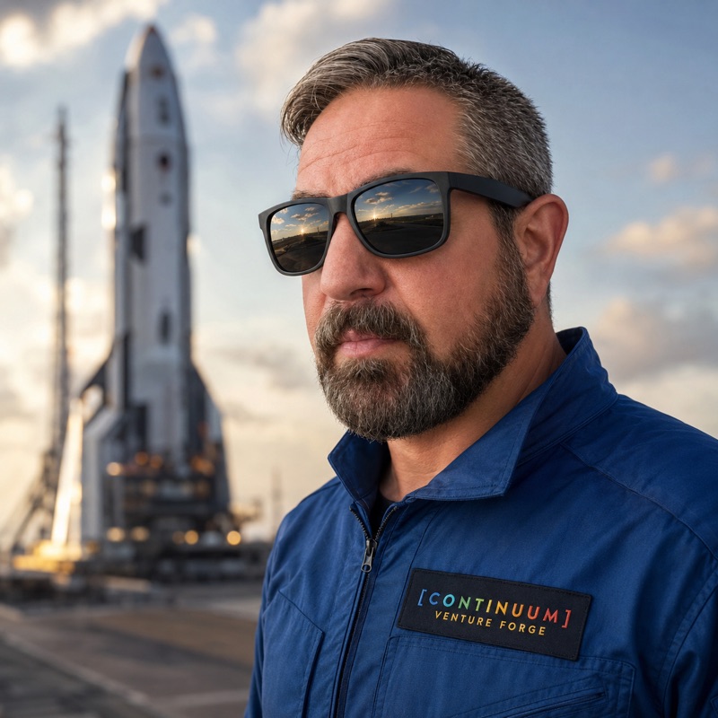 J J Seeber in a Continuum Venture Forge flight jacket, on a rocket launch pad.